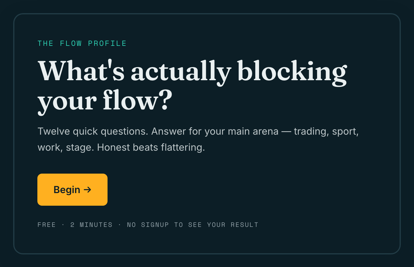 The Flow Profile quiz start screen — 'What’s actually blocking your flow?' with a Begin button.